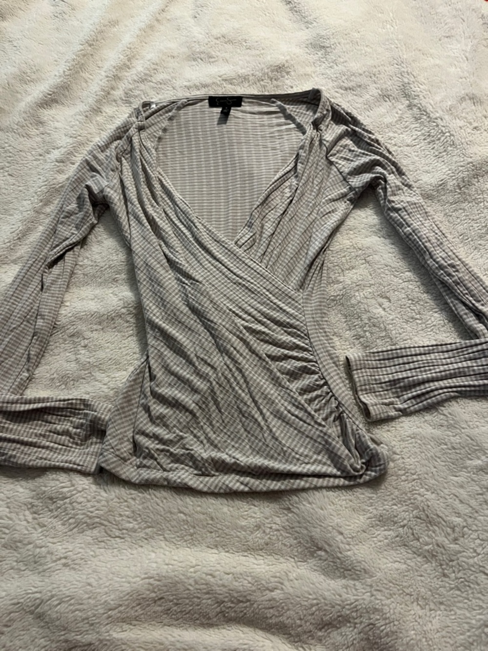 Jessica Simpson Gray Striped Long-Sleeve Wrap Top